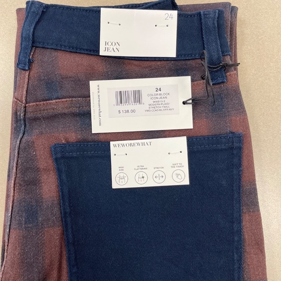 WeWoreWhat Plaid Color Block Icon Jeans, Size 24 - Brown/Navy - NWT - Picture 2 of 6